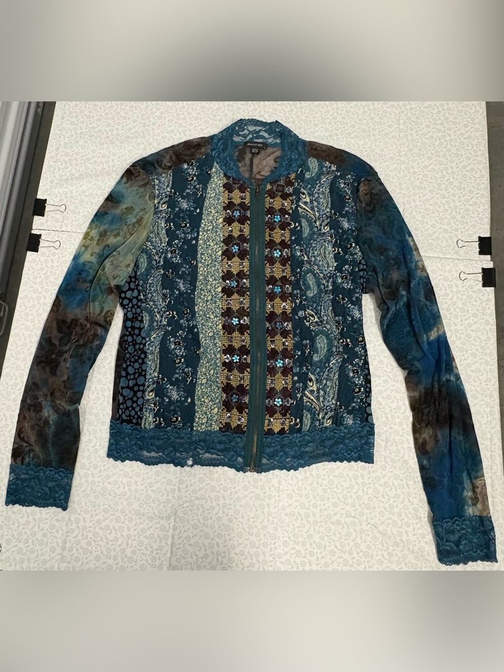 Vintage Y2K Piano Women's Blue Lace Zip-Front Long Sleeve Paisley Jacket Size S